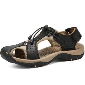 Men Summer Sandal Cow Leather Hiking Sandal Man Beach Sandal Outdoor Casual Shoe High Quality Leather Aqua Shoes Plus Size 46 - Black - 42