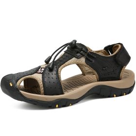 Men Summer Sandal Cow Leather Hiking Sandal Man Beach Sandal Outdoor Casual Shoe High Quality Leather Aqua Shoes Plus Size 46 - Black - 45