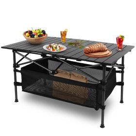 1Pc Folding Camping Table Portable Aluminum Roll-up Picnic BBQ Desk with Carrying Bag Heavy Duty Outdoor Beach Backyard Party Patio - Black